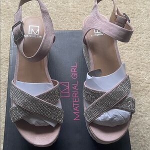 Material Girl Blush Pink Rhinestone Crisscross Wedge Sandals